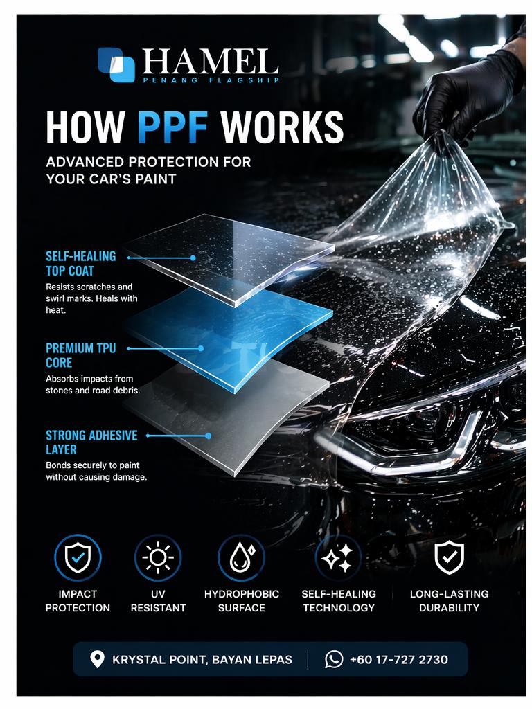 PPF installation in Penang showing TPU paint protection film layers protecting car paint