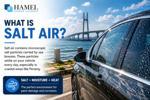 Salt air exposure affecting car paint near Penang Bridge showing coastal weather impact on vehicles in Penang